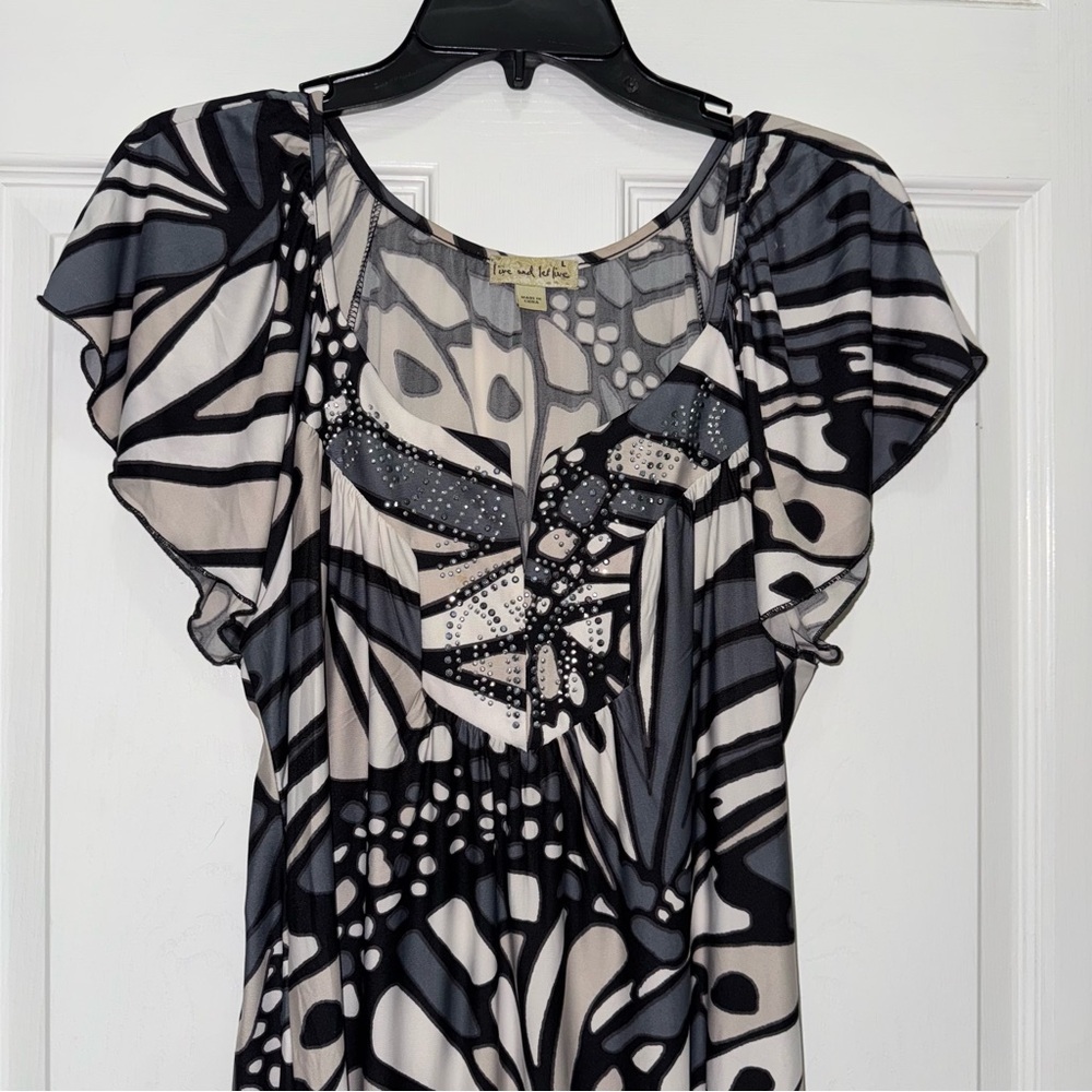 Live and Let Live Black and White Sheath Butterfly Midi Dress size L - Picture 3 of 12